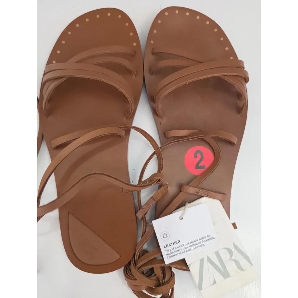 Zara Kids Tan Brown Leather Gladiator Lace Up Sandals Gold Studs 2618/330/700